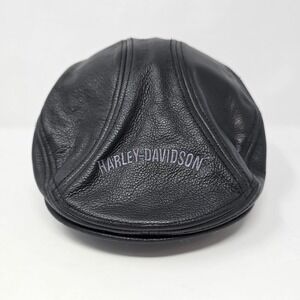 Harley-Davidson Mens Black Leather Newsboy Hat Size XL Motor Cycles Logo Vintage